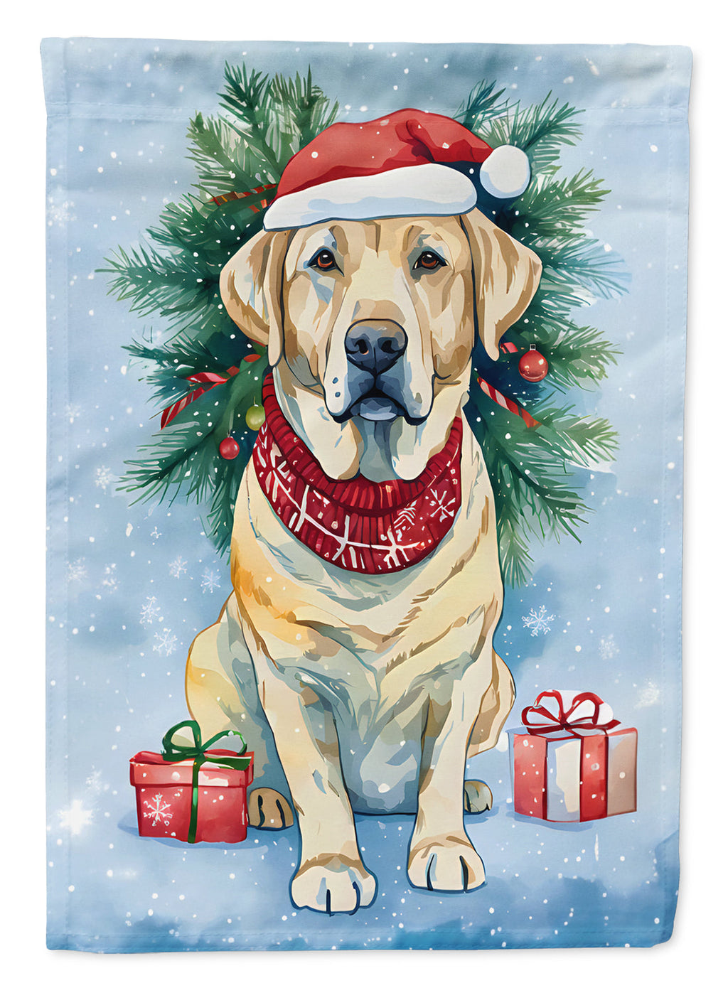 Yellow Labrador Retriever Christmas House Flag 28x40 Porch Sleeve Pole Decorative Outside Yard Banner Artwork Wall Hanging, Polyester