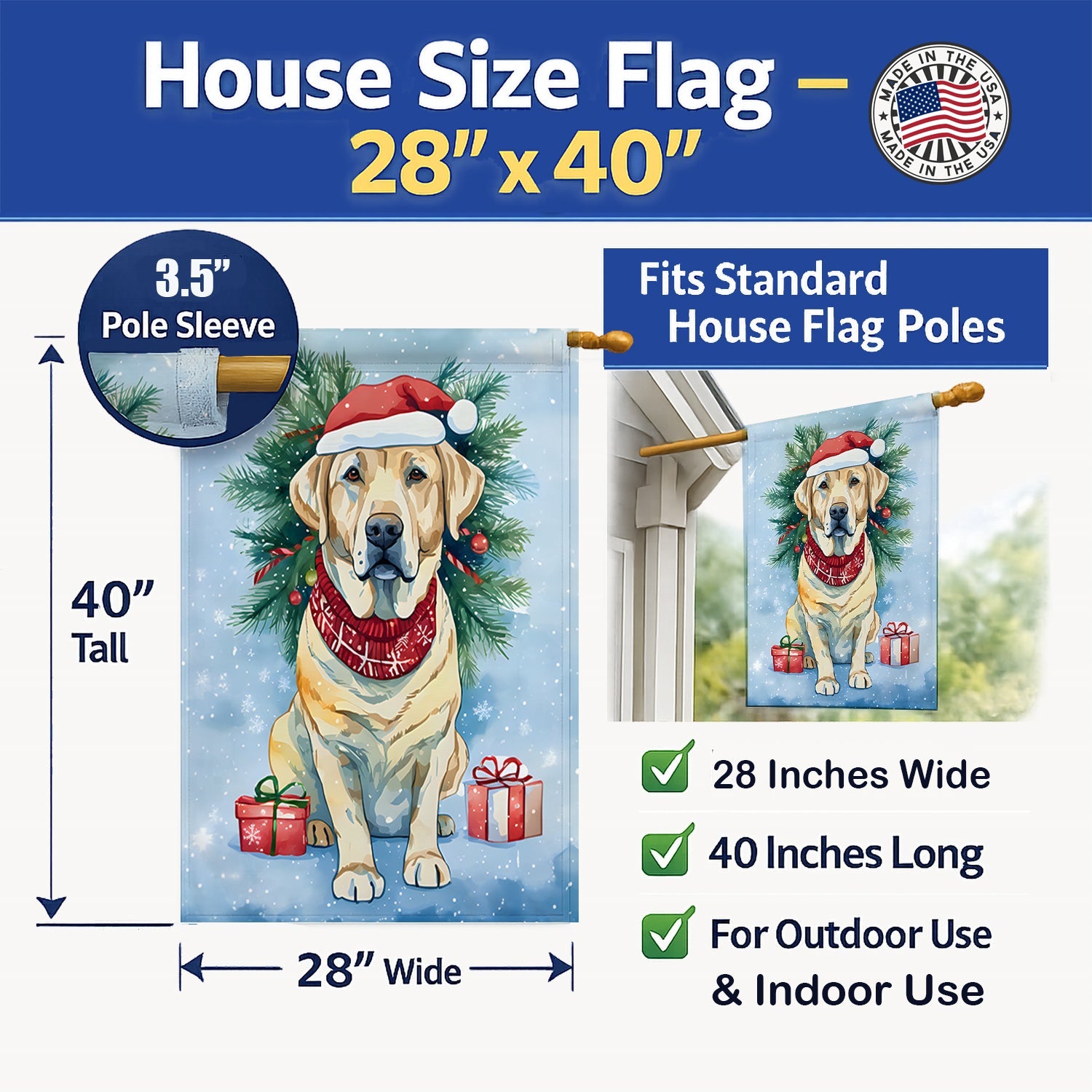 Yellow Labrador Retriever Christmas House Flag 28x40 Porch Sleeve Pole Decorative Outside Yard Banner Artwork Wall Hanging, Polyester