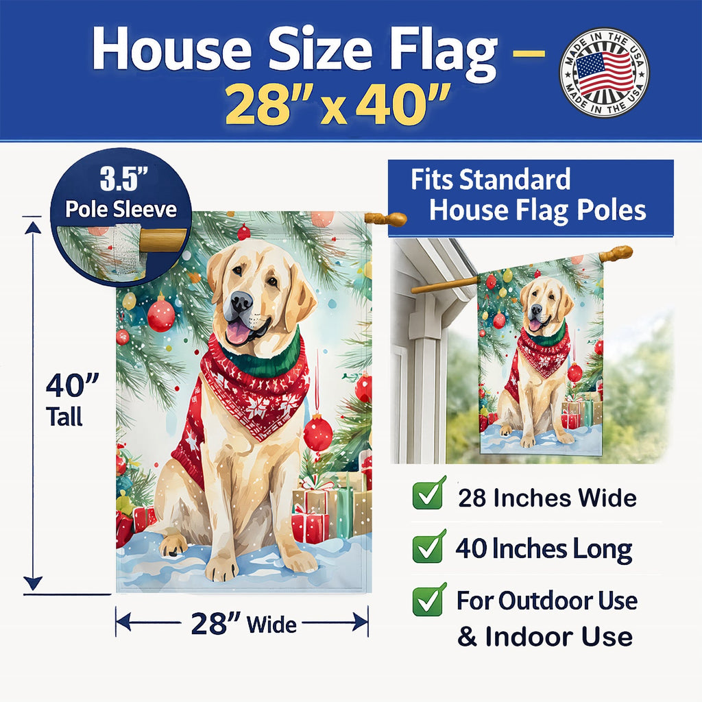 Yellow Labrador Retriever Christmas House Flag 28x40 Porch Sleeve Pole Decorative Outside Yard Banner Artwork Wall Hanging, Polyester