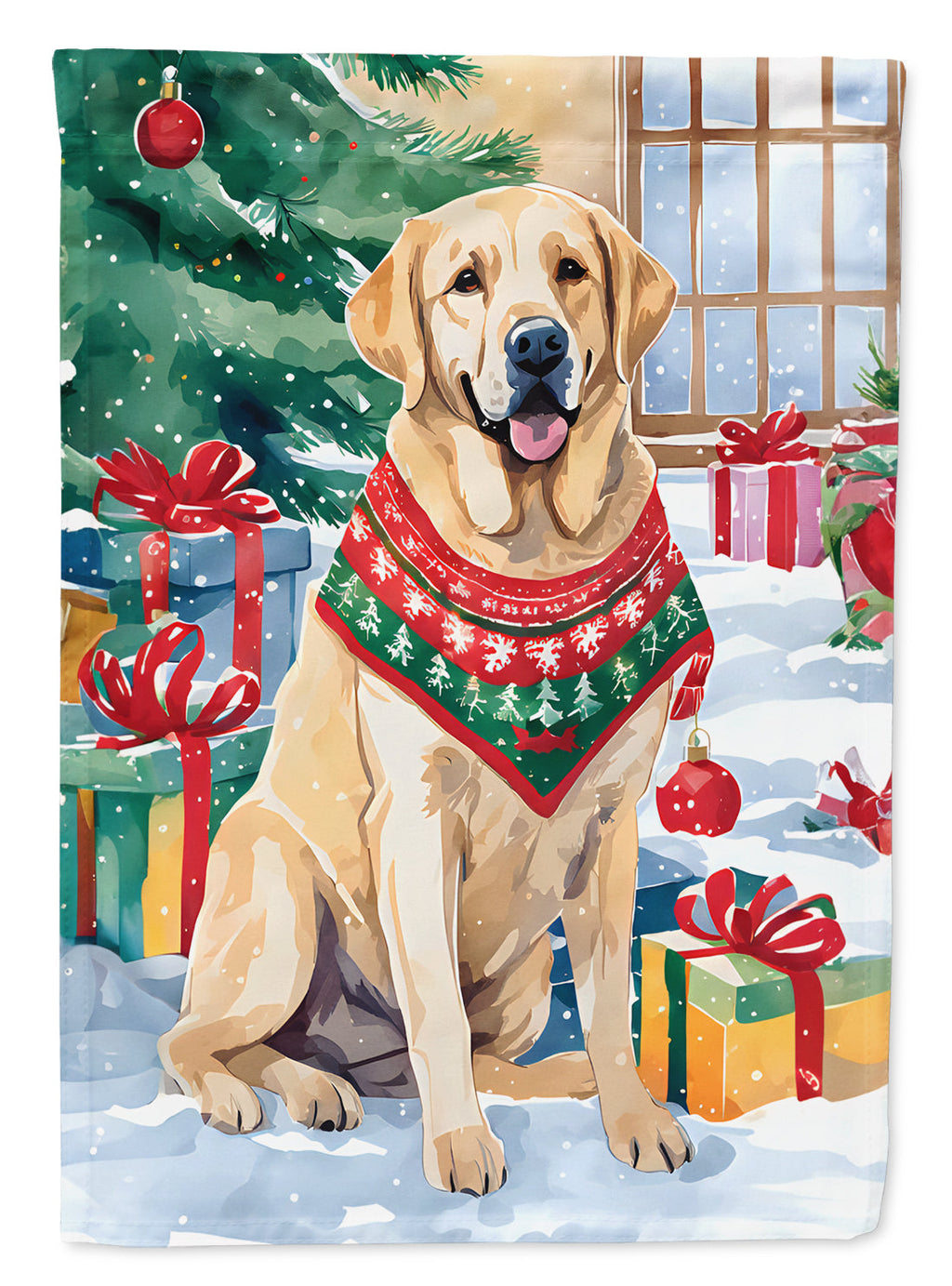 Yellow Labrador Retriever Christmas House Flag 28x40 Porch Sleeve Pole Decorative Outside Yard Banner Artwork Wall Hanging, Polyester