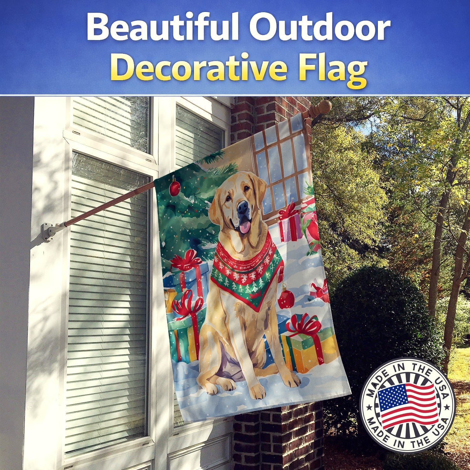 Yellow Labrador Retriever Christmas House Flag 28x40 Porch Sleeve Pole Decorative Outside Yard Banner Artwork Wall Hanging, Polyester