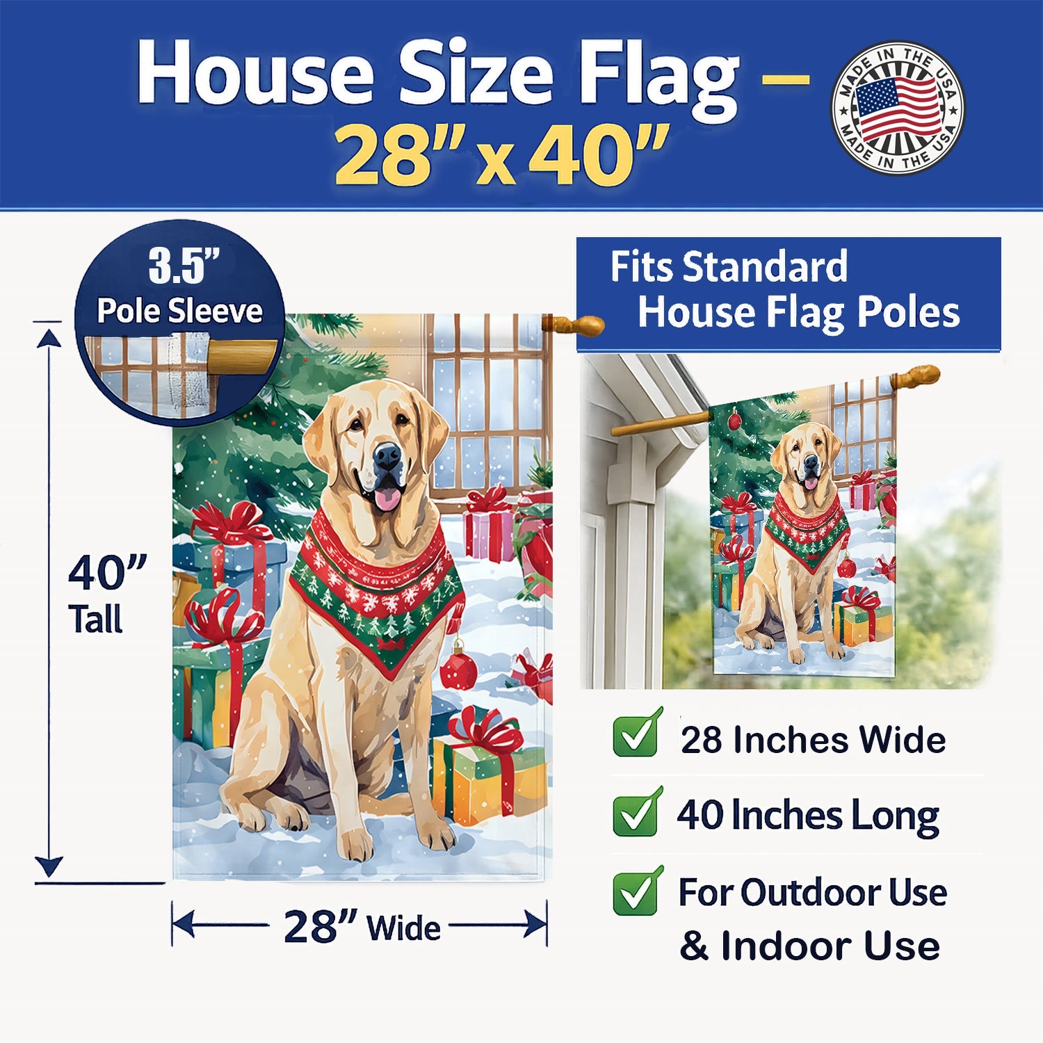 Yellow Labrador Retriever Christmas House Flag 28x40 Porch Sleeve Pole Decorative Outside Yard Banner Artwork Wall Hanging, Polyester