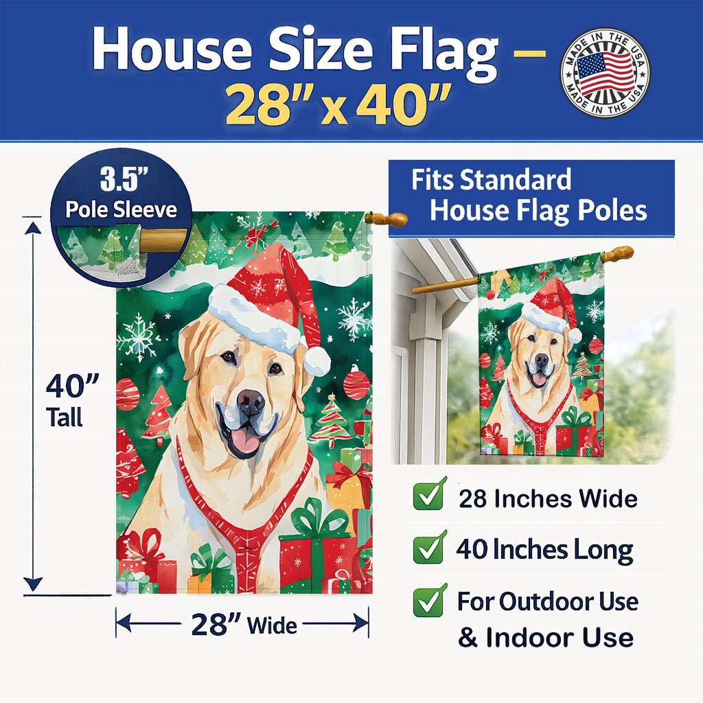 Yellow Labrador Retriever Christmas House Flag 28x40 Porch Sleeve Pole Decorative Outside Yard Banner Artwork Wall Hanging, Polyester