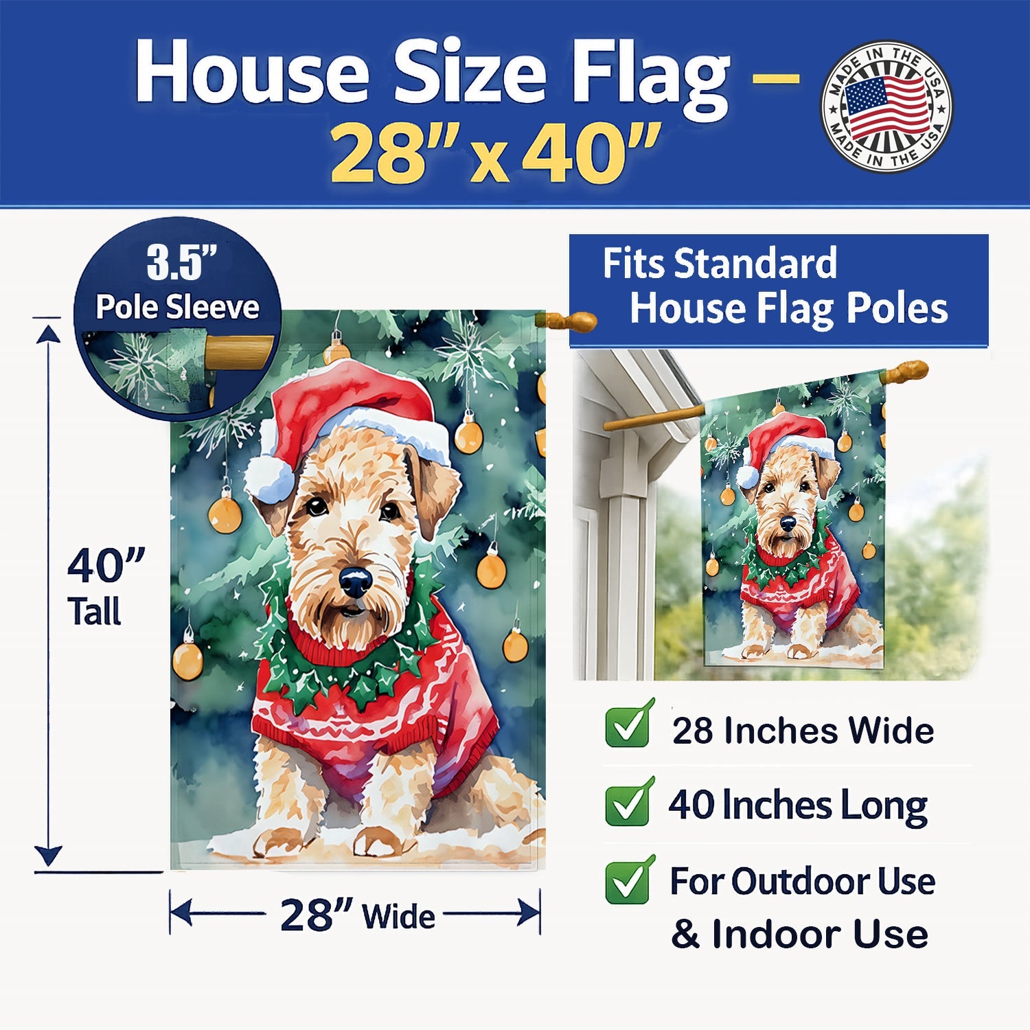 Lakeland Terrier Christmas House Flag 28x40 Porch Sleeve Pole Decorative Outside Yard Banner Artwork Wall Hanging, Polyester