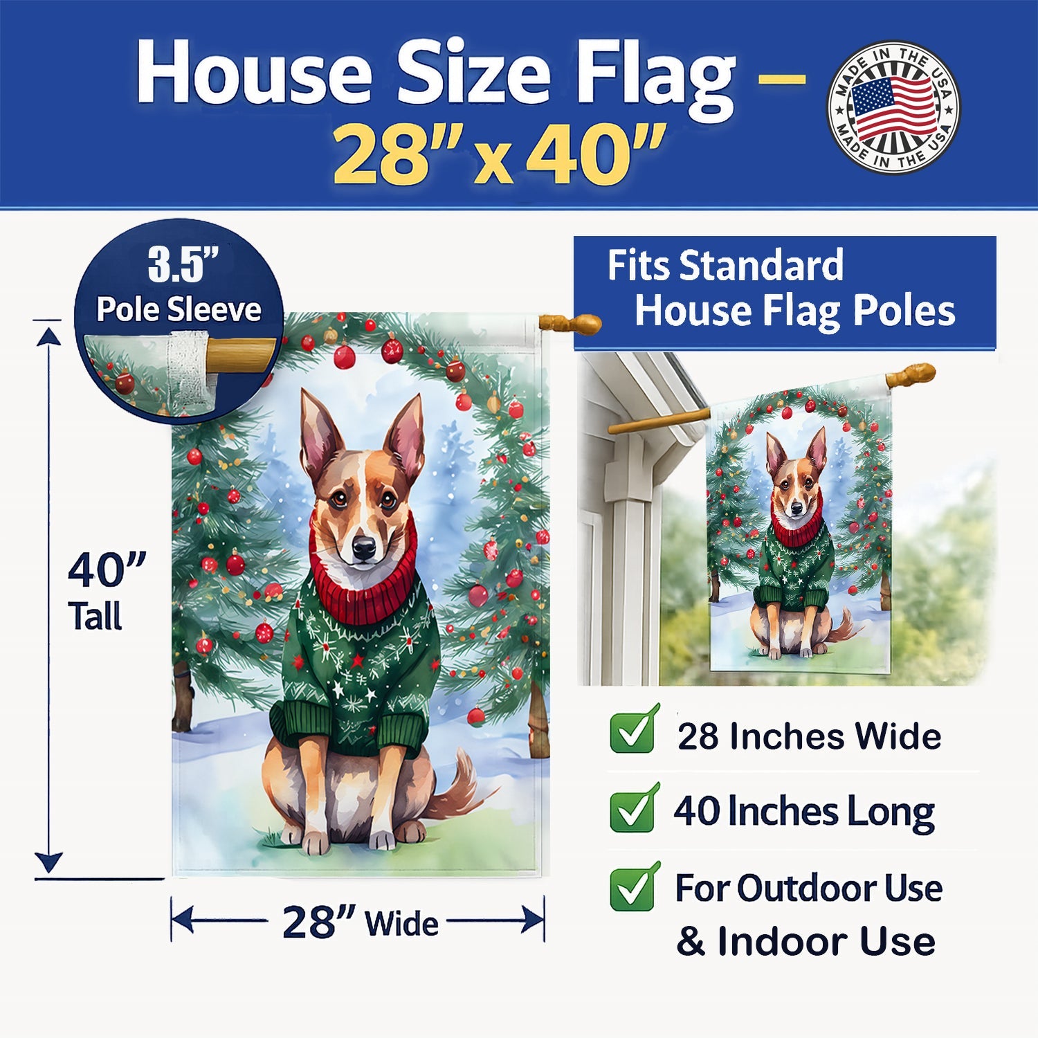 Lancashire Heeler Christmas House Flag 28x40 Porch Sleeve Pole Decorative Outside Yard Banner Artwork Wall Hanging, Polyester