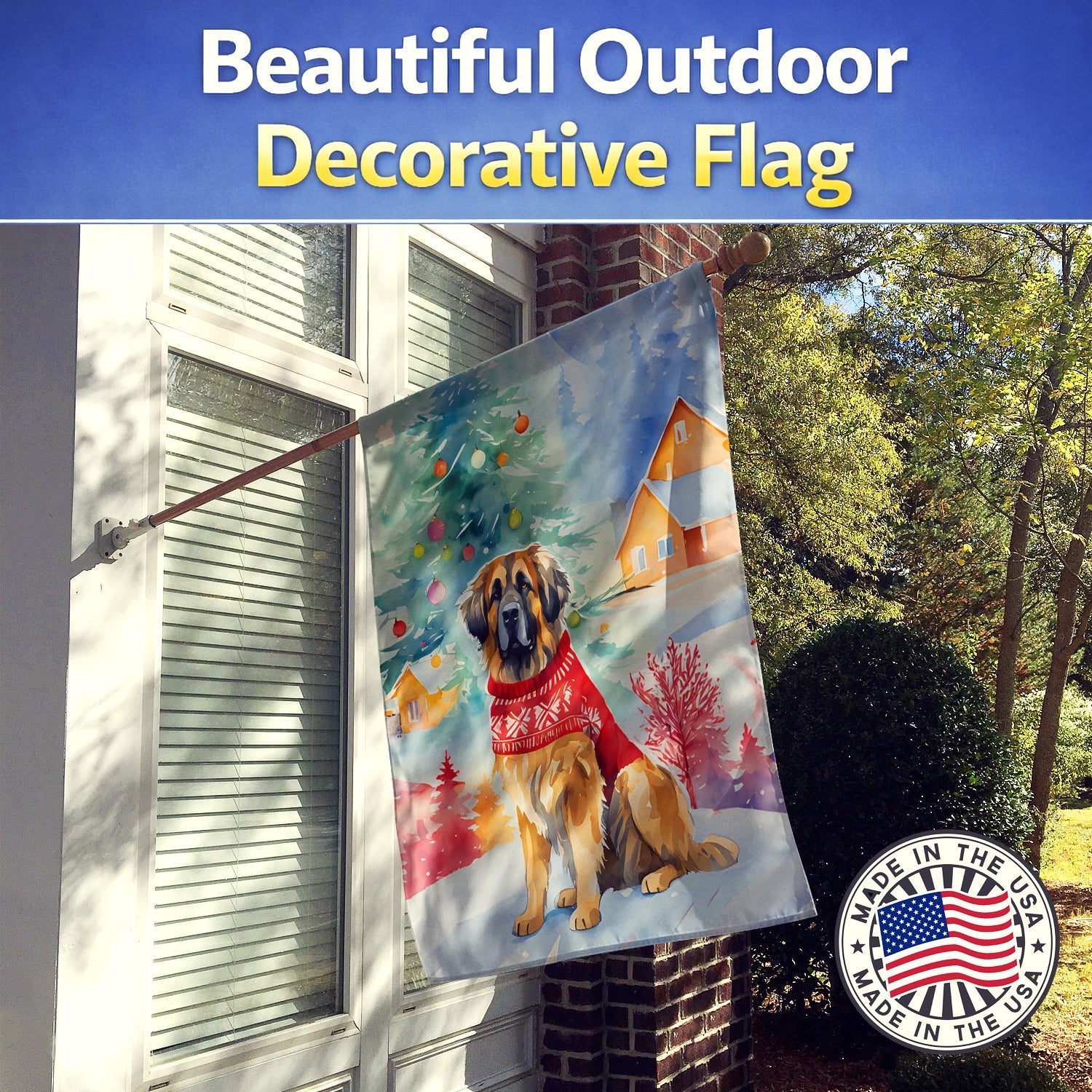 Leonberger Christmas House Flag 28x40 Porch Sleeve Pole Decorative Outside Yard Banner Artwork Wall Hanging, Polyester