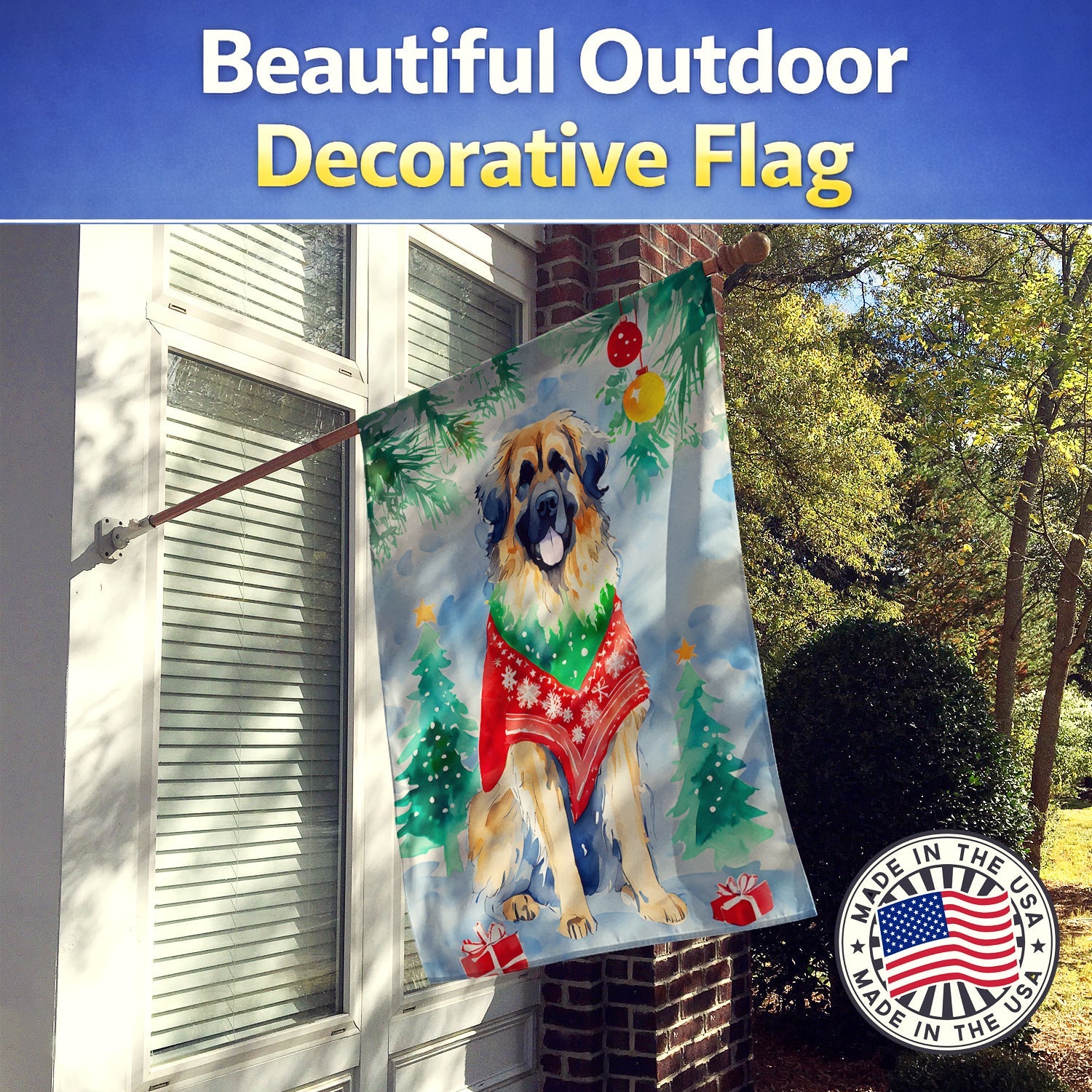 Leonberger Christmas House Flag 28x40 Porch Sleeve Pole Decorative Outside Yard Banner Artwork Wall Hanging, Polyester