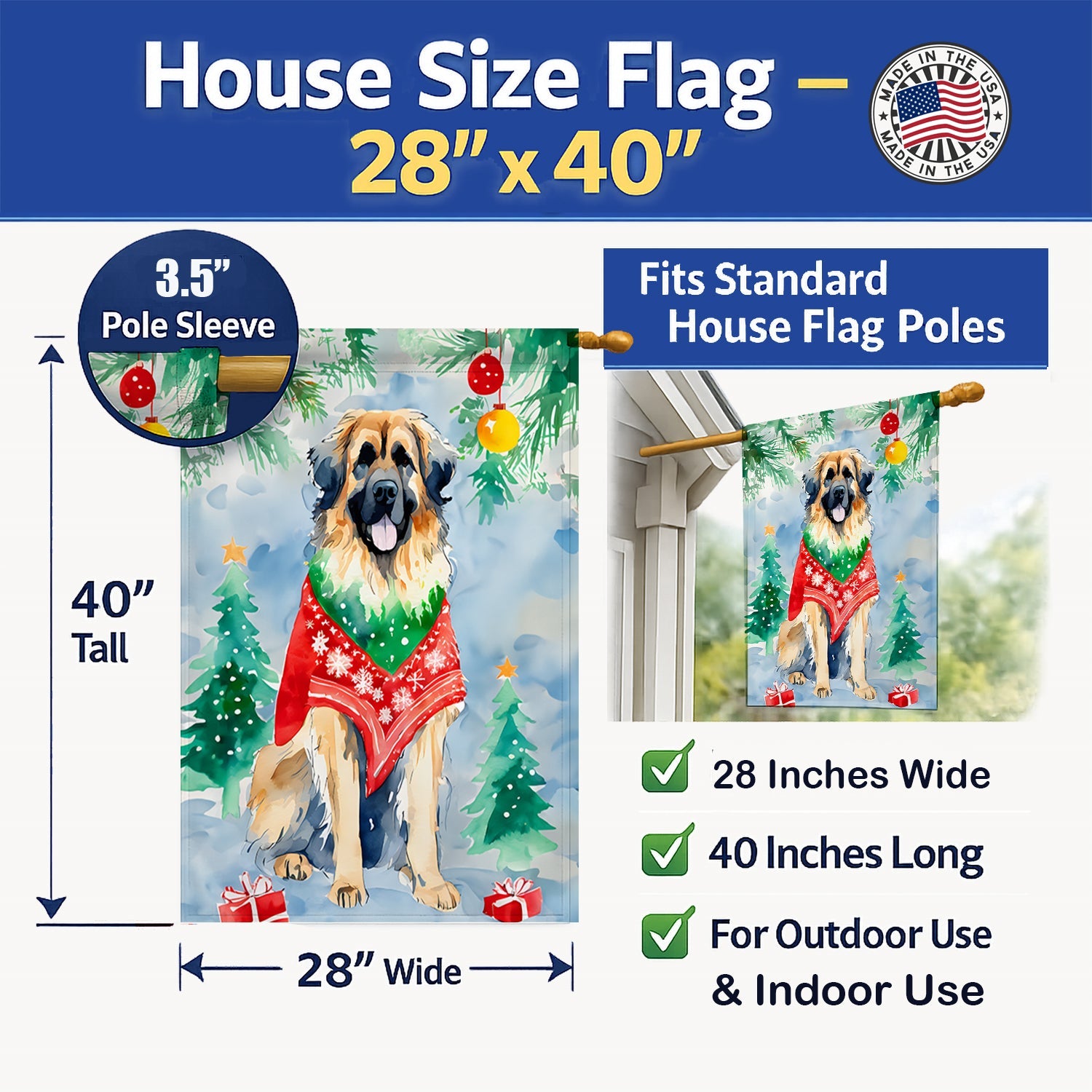 Leonberger Christmas House Flag 28x40 Porch Sleeve Pole Decorative Outside Yard Banner Artwork Wall Hanging, Polyester