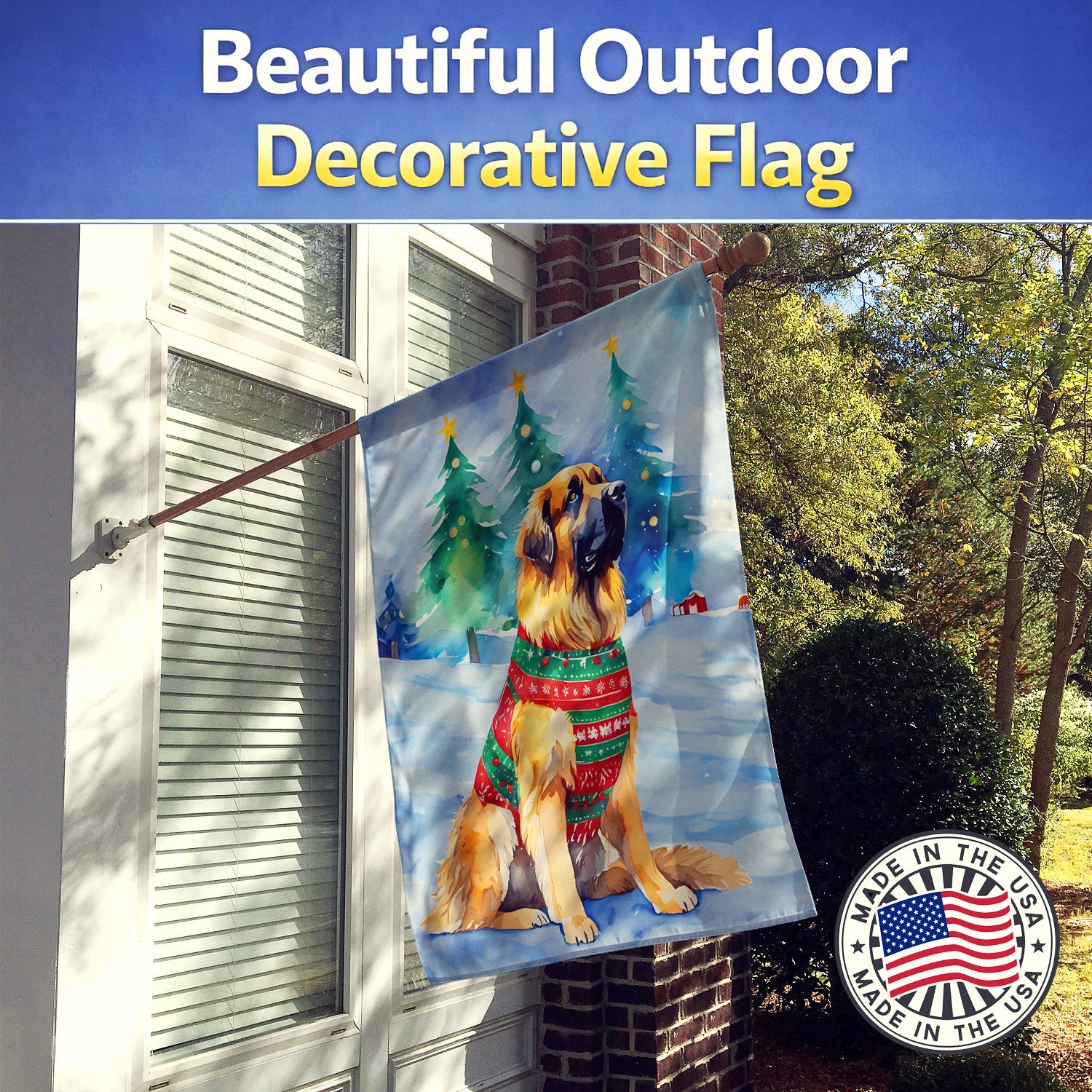 Leonberger Christmas House Flag 28x40 Porch Sleeve Pole Decorative Outside Yard Banner Artwork Wall Hanging, Polyester