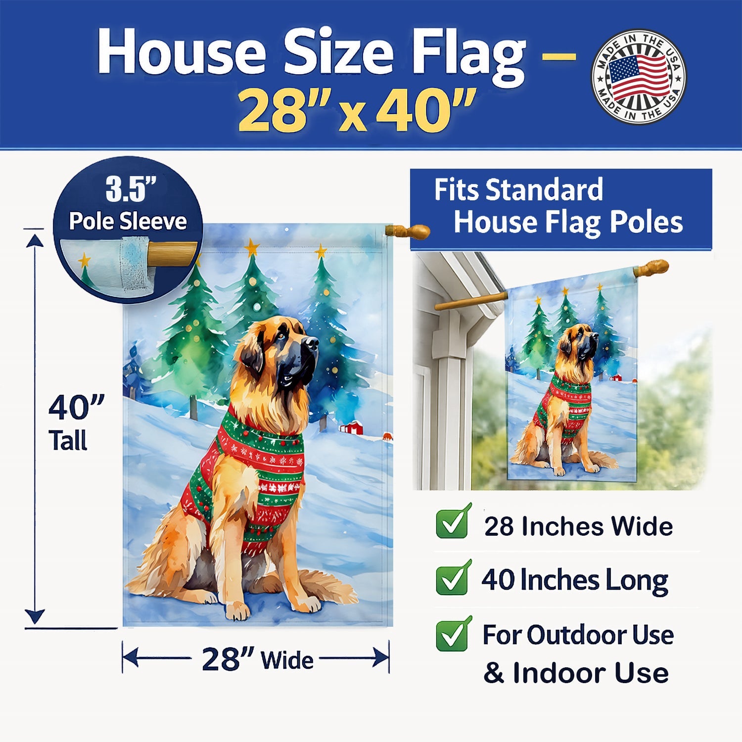 Leonberger Christmas House Flag 28x40 Porch Sleeve Pole Decorative Outside Yard Banner Artwork Wall Hanging, Polyester