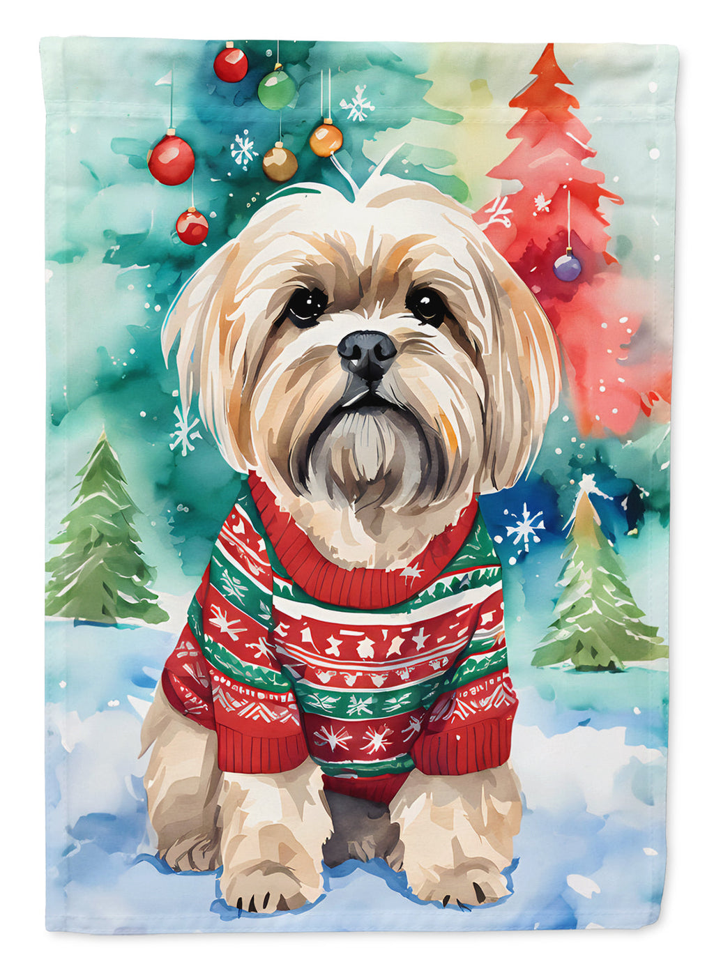 Lhasa Apso Christmas House Flag 28x40 Porch Sleeve Pole Decorative Outside Yard Banner Artwork Wall Hanging, Polyester