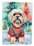 Lhasa Apso Christmas House Flag 28x40 Porch Sleeve Pole Decorative Outside Yard Banner Artwork Wall Hanging, Polyester