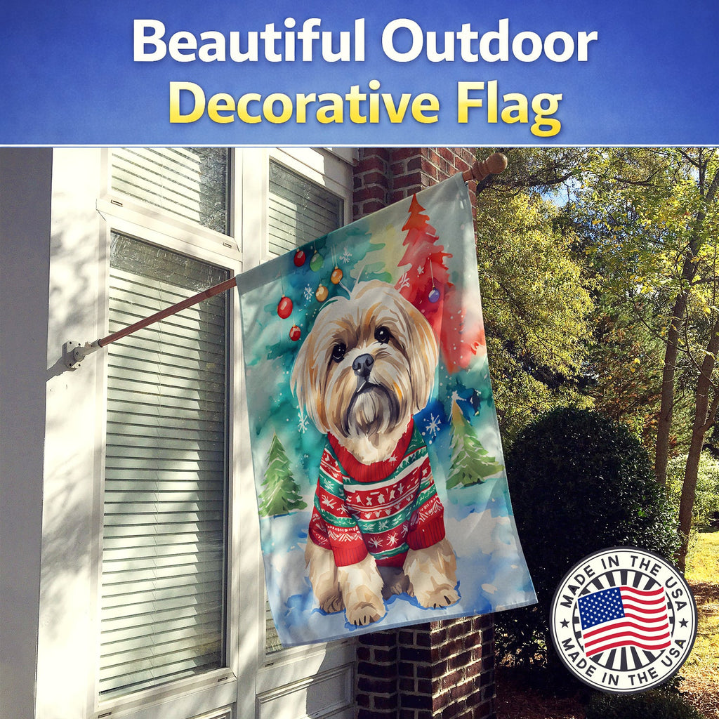 Lhasa Apso Christmas House Flag 28x40 Porch Sleeve Pole Decorative Outside Yard Banner Artwork Wall Hanging, Polyester