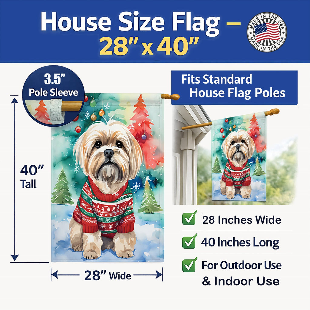 Lhasa Apso Christmas House Flag 28x40 Porch Sleeve Pole Decorative Outside Yard Banner Artwork Wall Hanging, Polyester