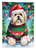 Lhasa Apso Christmas House Flag 28x40 Porch Sleeve Pole Decorative Outside Yard Banner Artwork Wall Hanging, Polyester