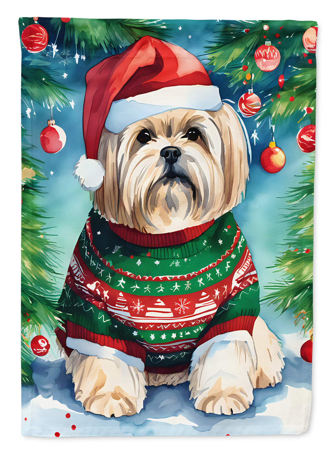 Lhasa Apso Christmas House Flag 28x40 Porch Sleeve Pole Decorative Outside Yard Banner Artwork Wall Hanging, Polyester