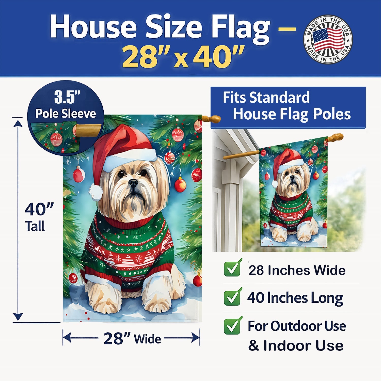 Lhasa Apso Christmas House Flag 28x40 Porch Sleeve Pole Decorative Outside Yard Banner Artwork Wall Hanging, Polyester