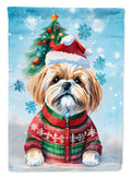 Lhasa Apso Christmas House Flag 28x40 Porch Sleeve Pole Decorative Outside Yard Banner Artwork Wall Hanging, Polyester
