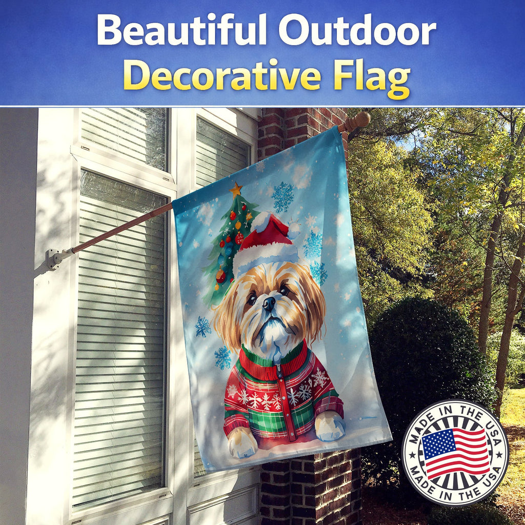 Lhasa Apso Christmas House Flag 28x40 Porch Sleeve Pole Decorative Outside Yard Banner Artwork Wall Hanging, Polyester