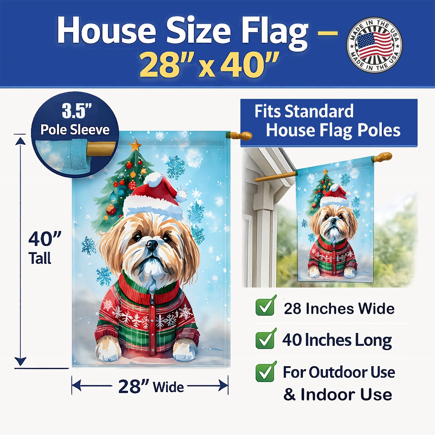 Lhasa Apso Christmas House Flag 28x40 Porch Sleeve Pole Decorative Outside Yard Banner Artwork Wall Hanging, Polyester