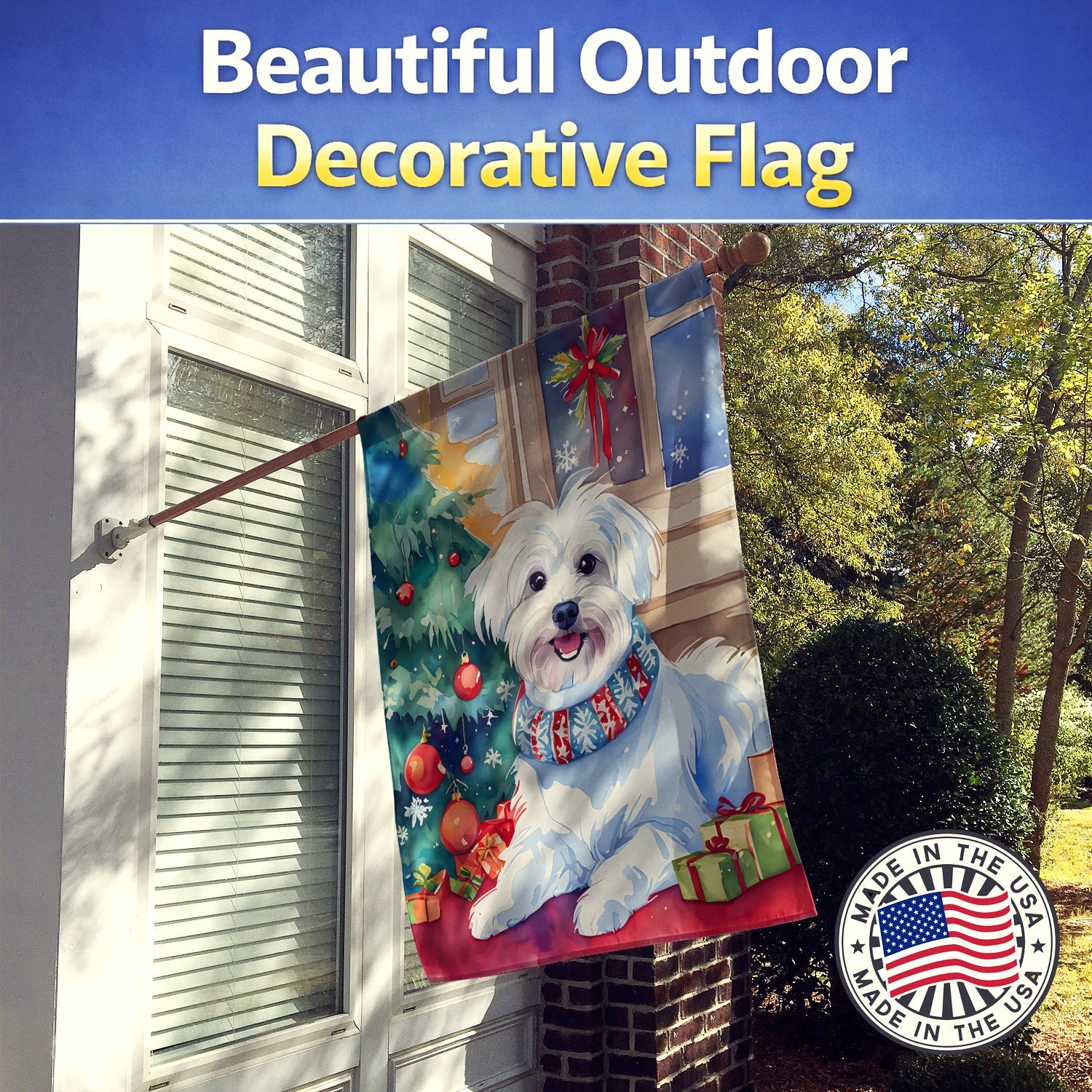 Maltese Christmas House Flag 28x40 Porch Sleeve Pole Decorative Outside Yard Banner Artwork Wall Hanging, Polyester