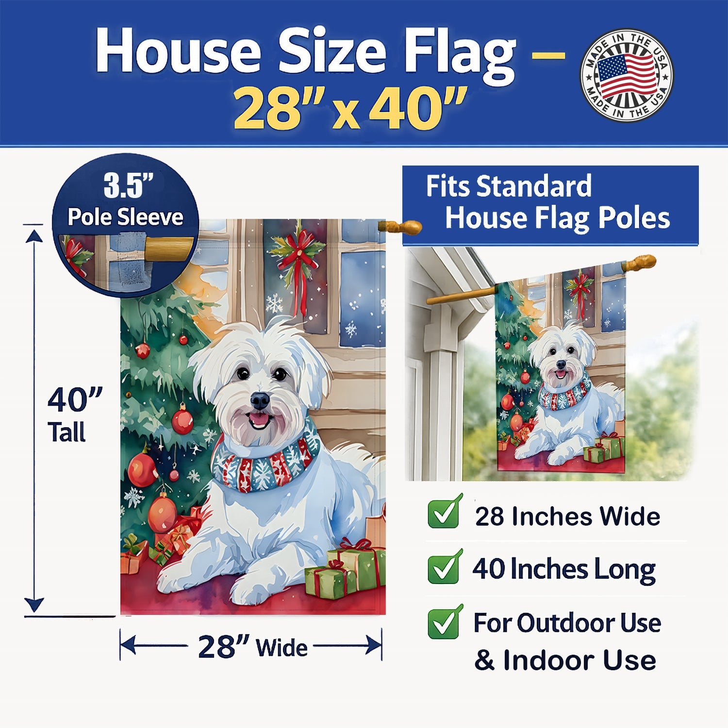 Maltese Christmas House Flag 28x40 Porch Sleeve Pole Decorative Outside Yard Banner Artwork Wall Hanging, Polyester