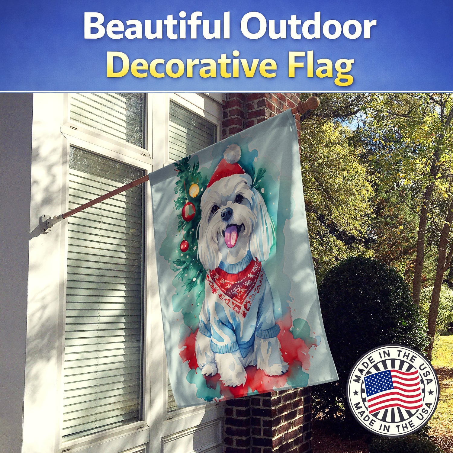Maltese Christmas House Flag 28x40 Porch Sleeve Pole Decorative Outside Yard Banner Artwork Wall Hanging, Polyester