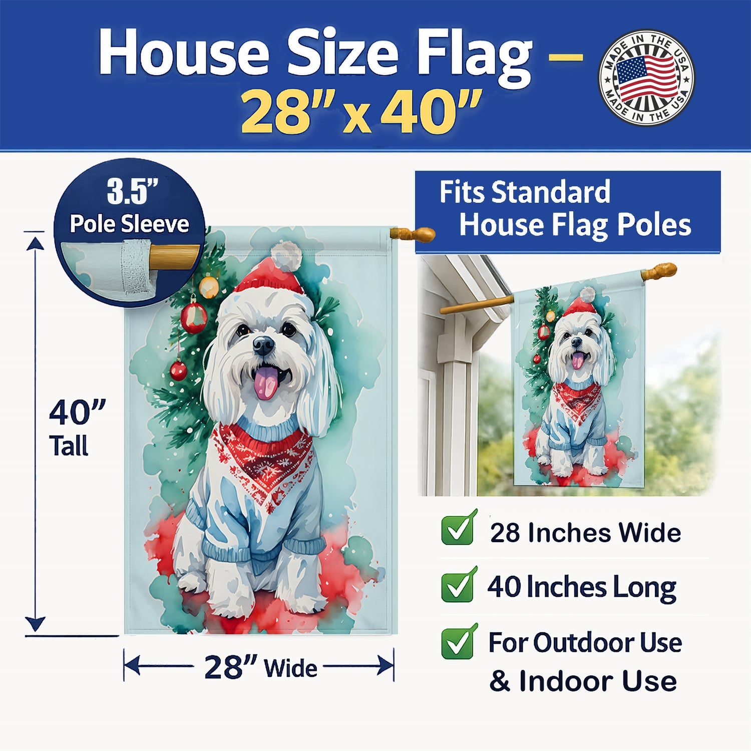 Maltese Christmas House Flag 28x40 Porch Sleeve Pole Decorative Outside Yard Banner Artwork Wall Hanging, Polyester