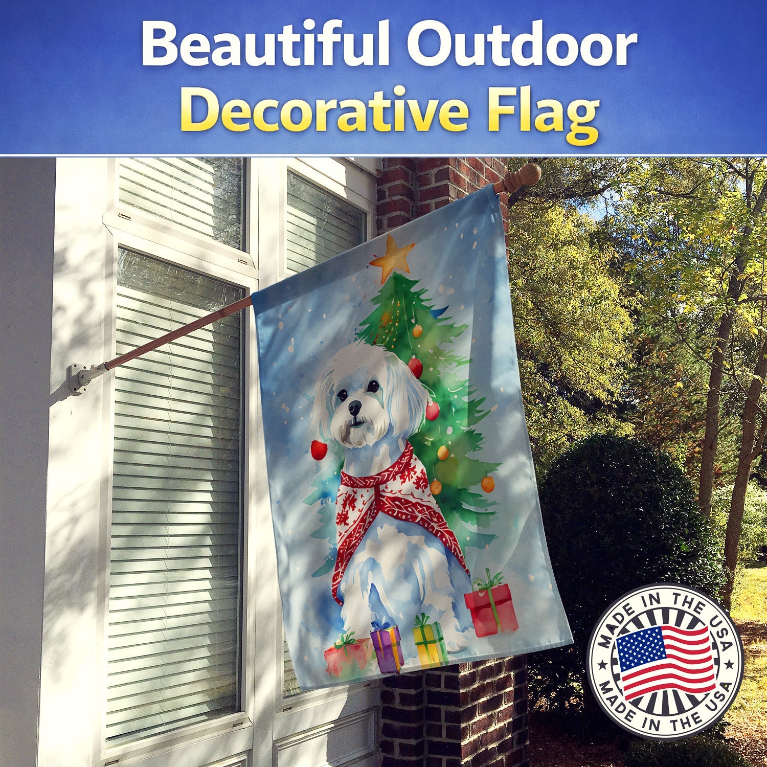 Maltese Christmas House Flag 28x40 Porch Sleeve Pole Decorative Outside Yard Banner Artwork Wall Hanging, Polyester