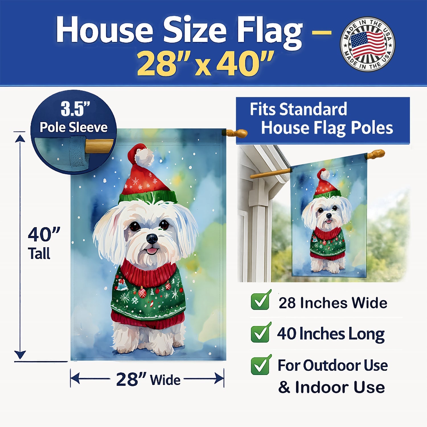 Maltese Christmas House Flag 28x40 Porch Sleeve Pole Decorative Outside Yard Banner Artwork Wall Hanging, Polyester
