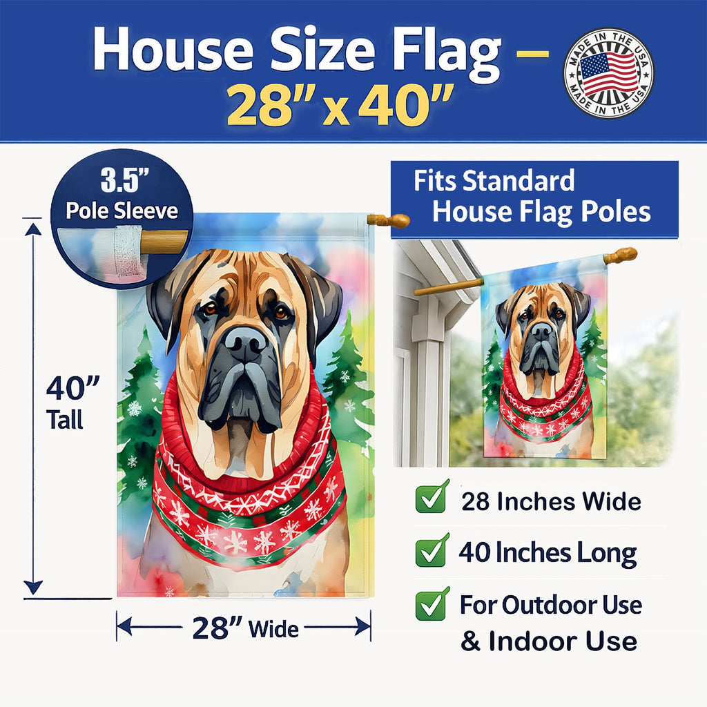 Mastiff Christmas House Flag 28x40 Porch Sleeve Pole Decorative Outside Yard Banner Artwork Wall Hanging, Polyester