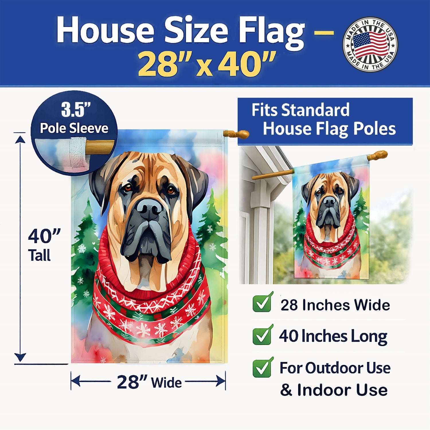 Mastiff Christmas House Flag 28x40 Porch Sleeve Pole Decorative Outside Yard Banner Artwork Wall Hanging, Polyester