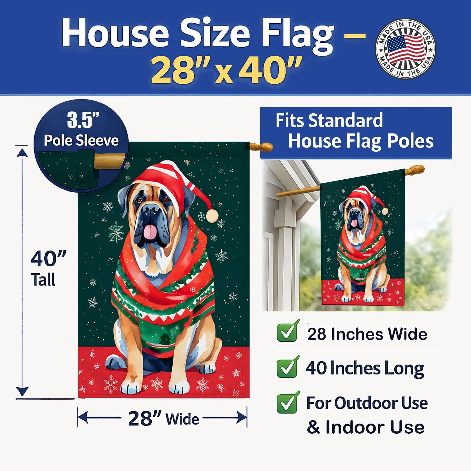 Mastiff Christmas House Flag 28x40 Porch Sleeve Pole Decorative Outside Yard Banner Artwork Wall Hanging, Polyester