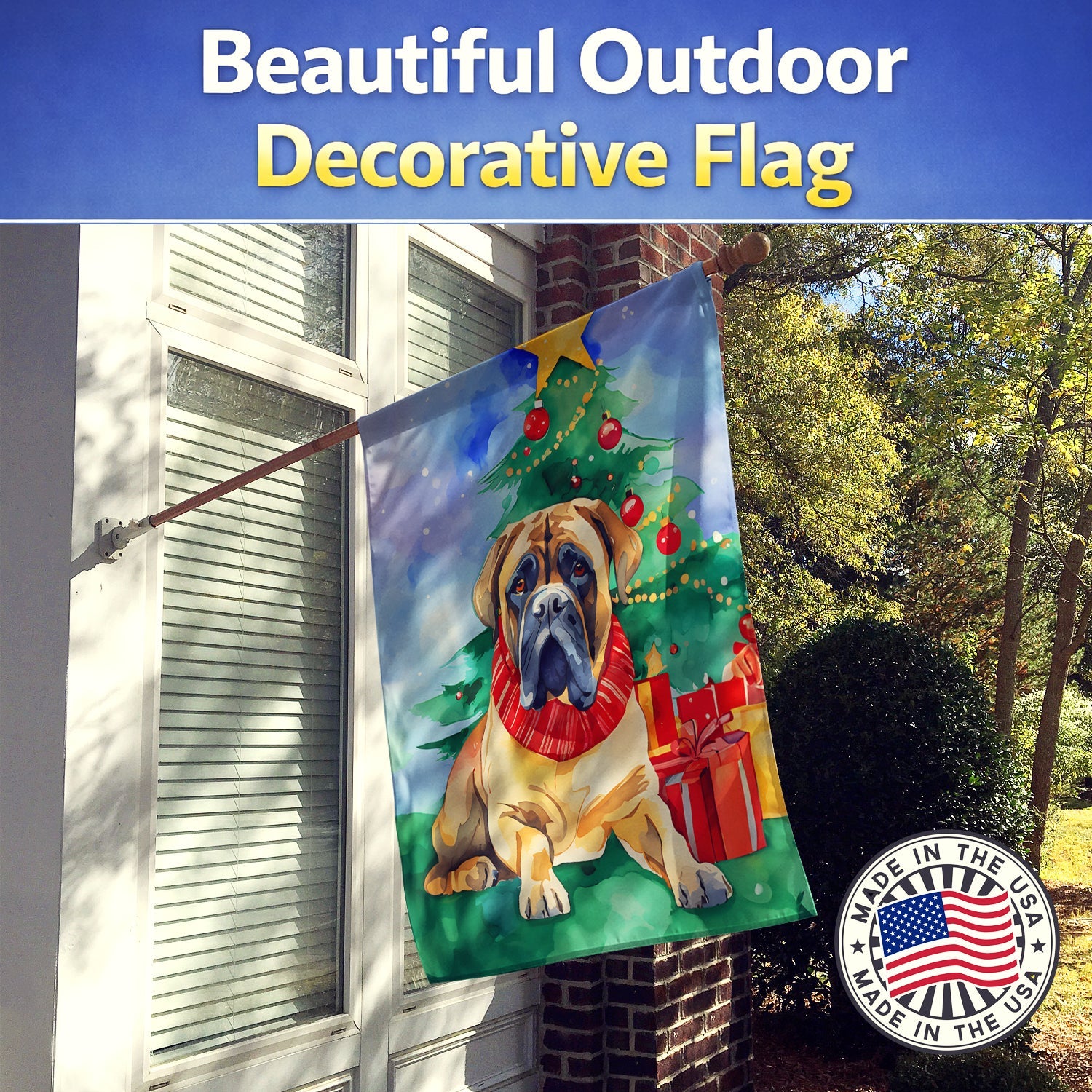 Mastiff Christmas House Flag 28x40 Porch Sleeve Pole Decorative Outside Yard Banner Artwork Wall Hanging, Polyester