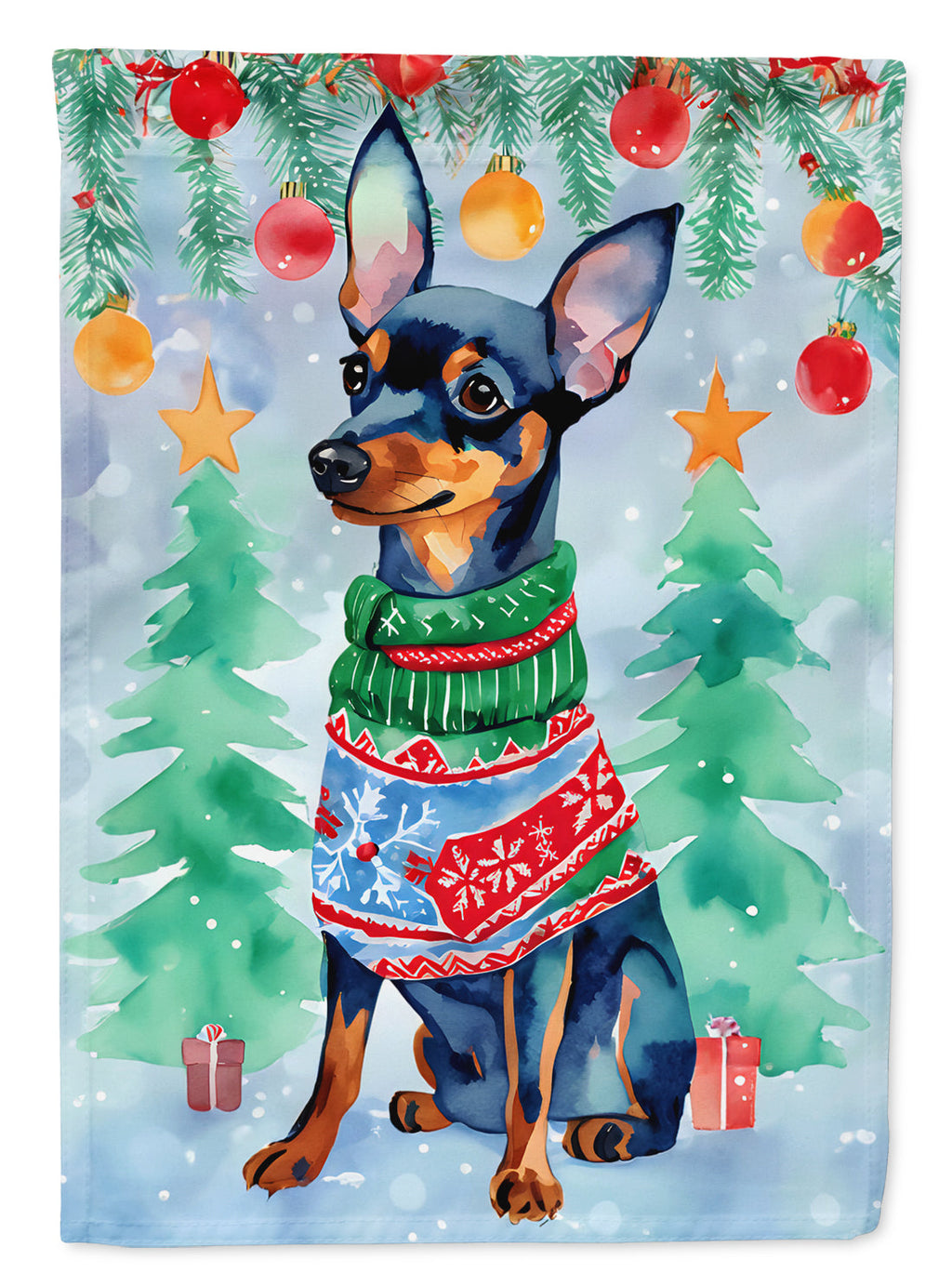 Miniature Pinscher Christmas House Flag 28x40 Porch Sleeve Pole Decorative Outside Yard Banner Artwork Wall Hanging, Polyester