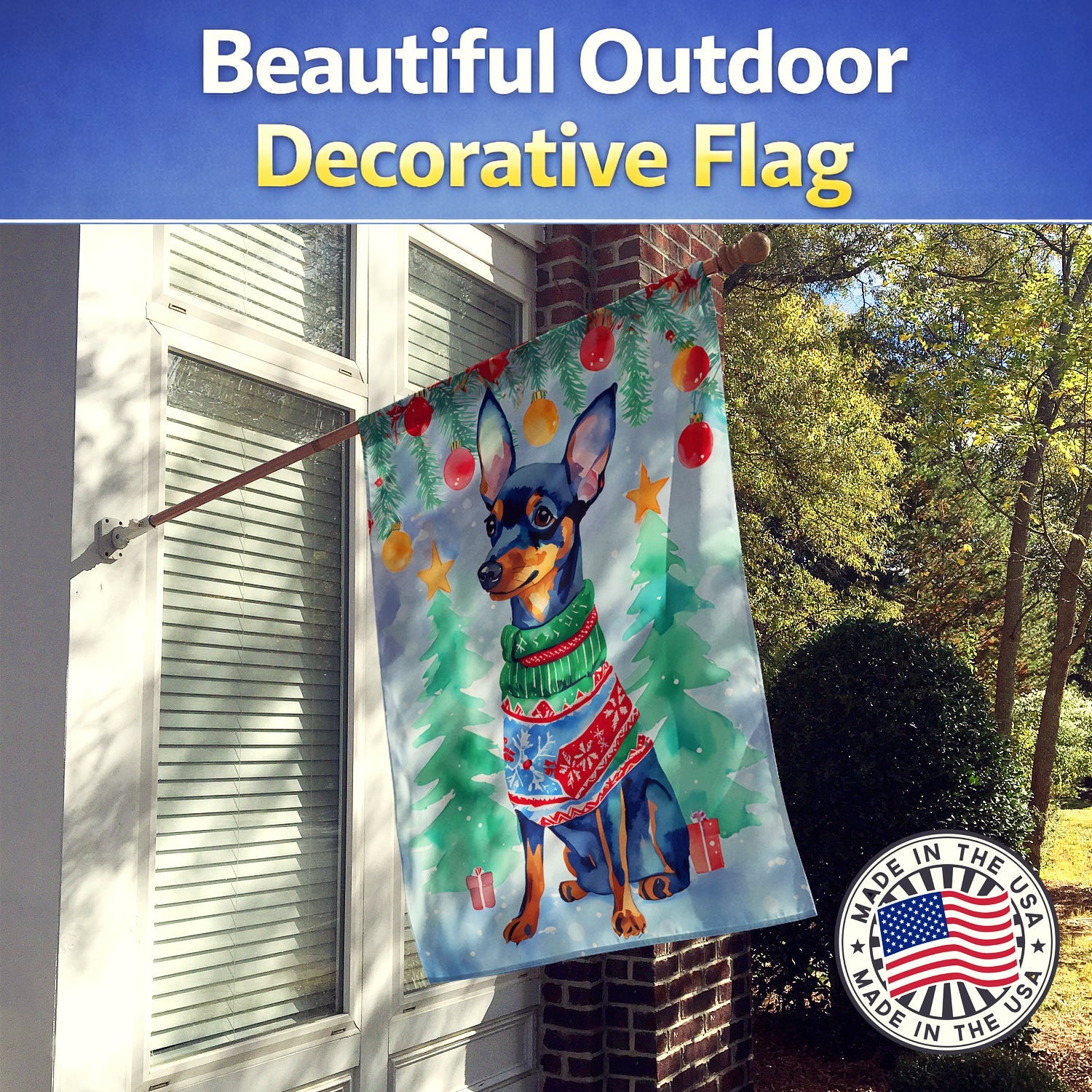 Miniature Pinscher Christmas House Flag 28x40 Porch Sleeve Pole Decorative Outside Yard Banner Artwork Wall Hanging, Polyester