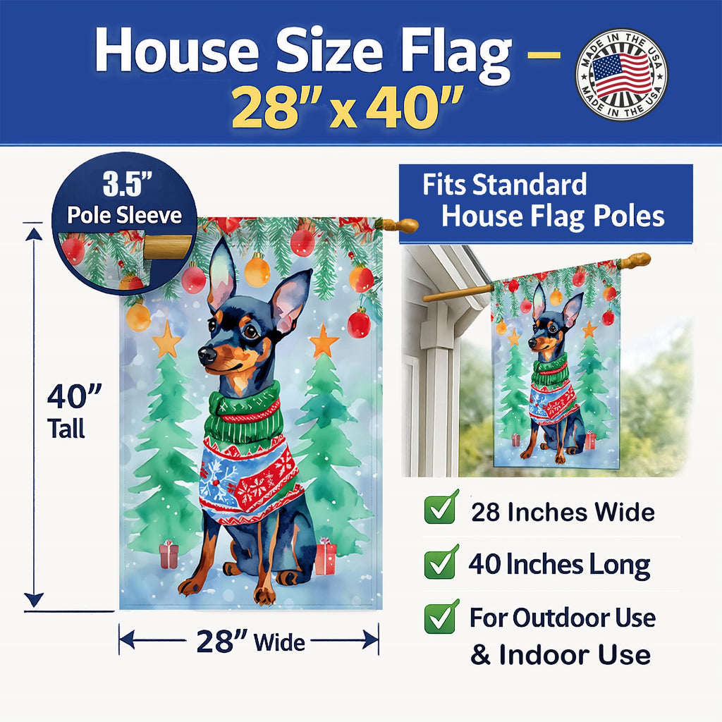 Miniature Pinscher Christmas House Flag 28x40 Porch Sleeve Pole Decorative Outside Yard Banner Artwork Wall Hanging, Polyester