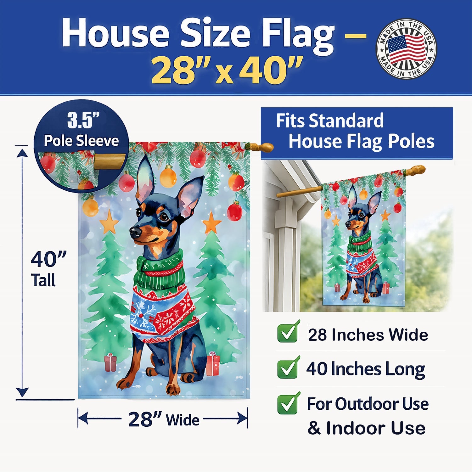 Miniature Pinscher Christmas House Flag 28x40 Porch Sleeve Pole Decorative Outside Yard Banner Artwork Wall Hanging, Polyester