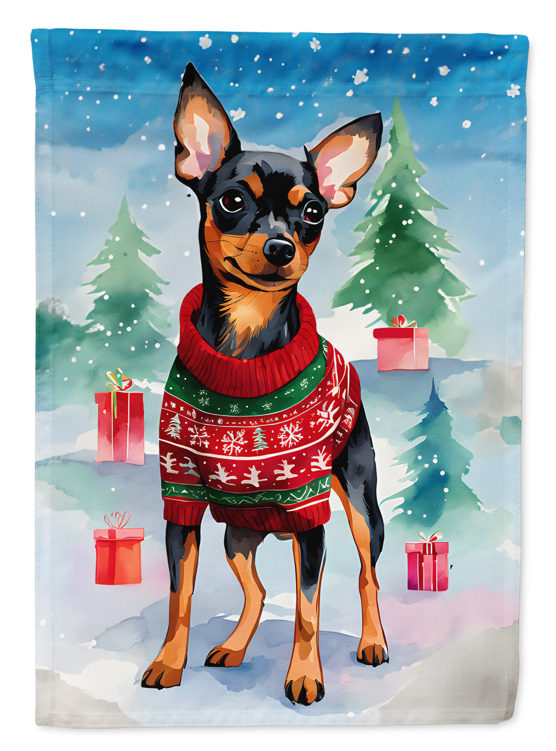 Miniature Pinscher Christmas House Flag 28x40 Porch Sleeve Pole Decorative Outside Yard Banner Artwork Wall Hanging, Polyester