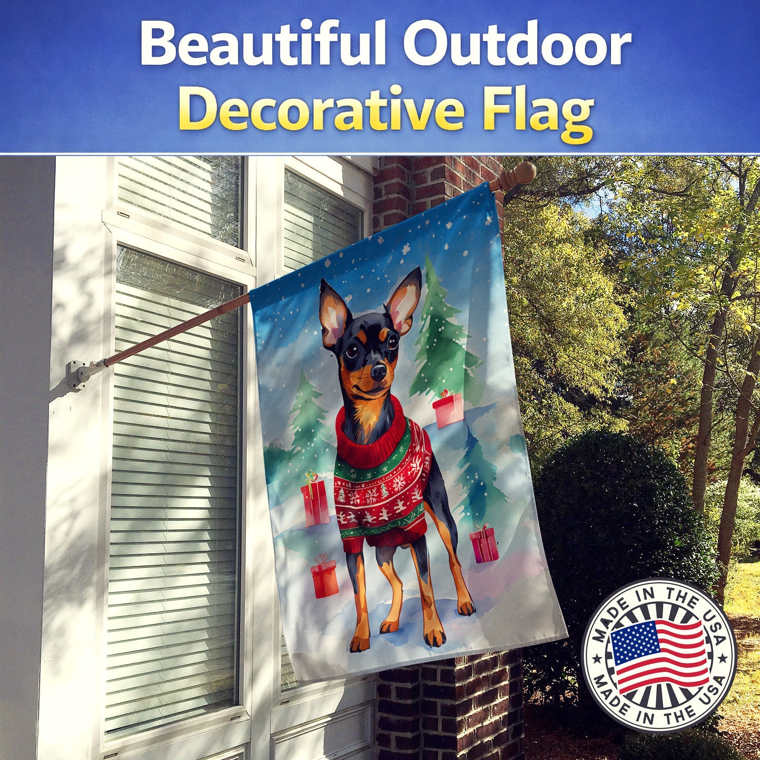 Miniature Pinscher Christmas House Flag 28x40 Porch Sleeve Pole Decorative Outside Yard Banner Artwork Wall Hanging, Polyester