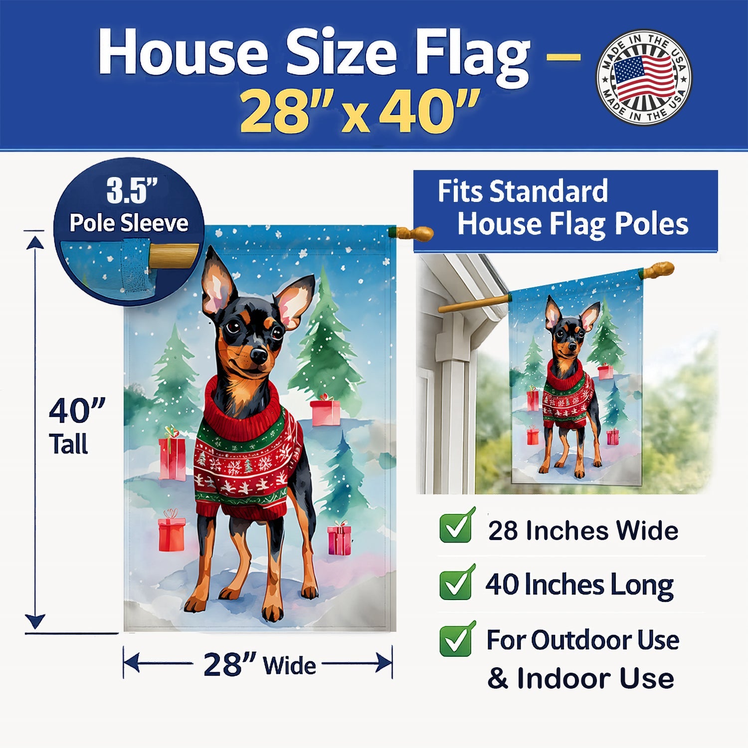 Miniature Pinscher Christmas House Flag 28x40 Porch Sleeve Pole Decorative Outside Yard Banner Artwork Wall Hanging, Polyester