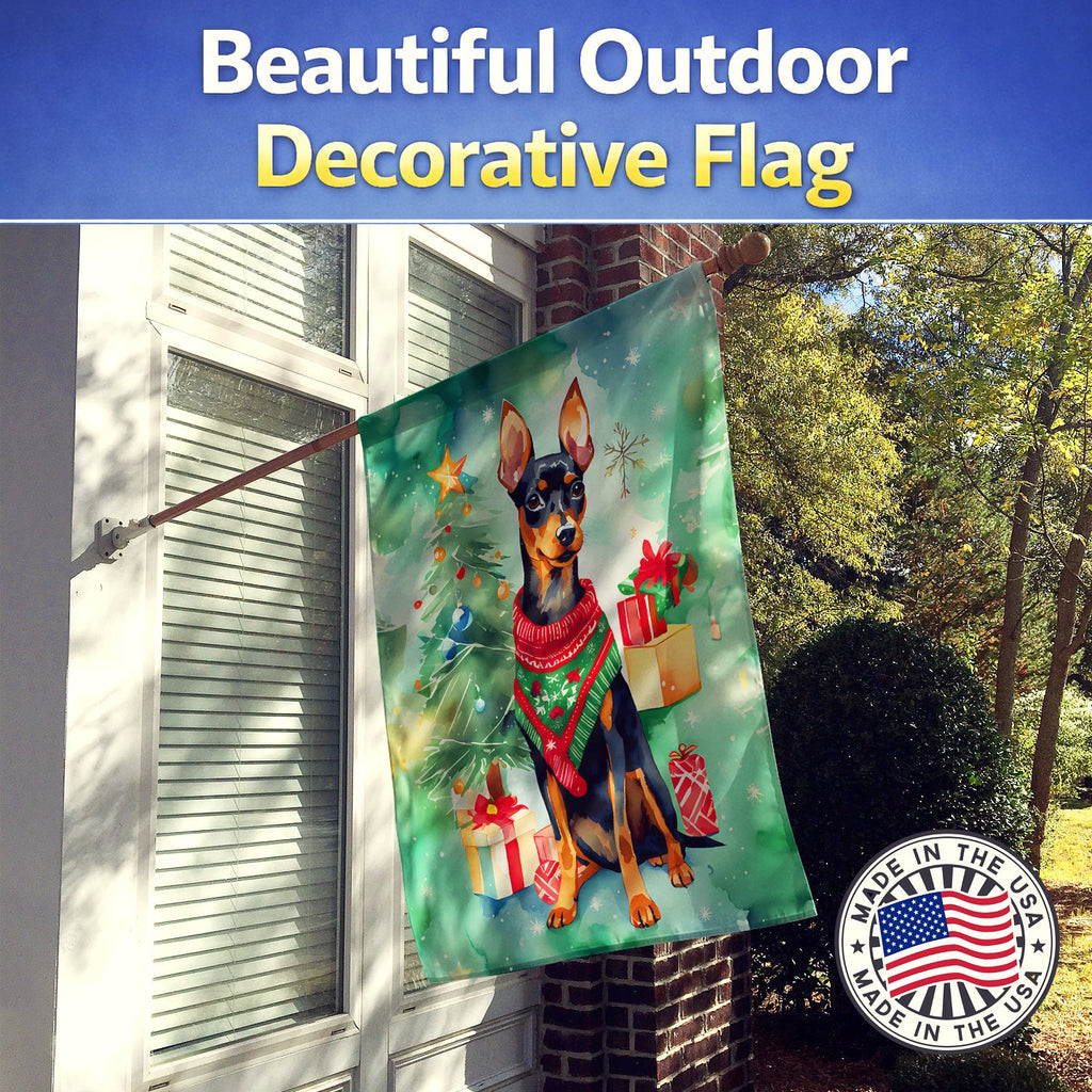 Miniature Pinscher Christmas House Flag 28x40 Porch Sleeve Pole Decorative Outside Yard Banner Artwork Wall Hanging, Polyester
