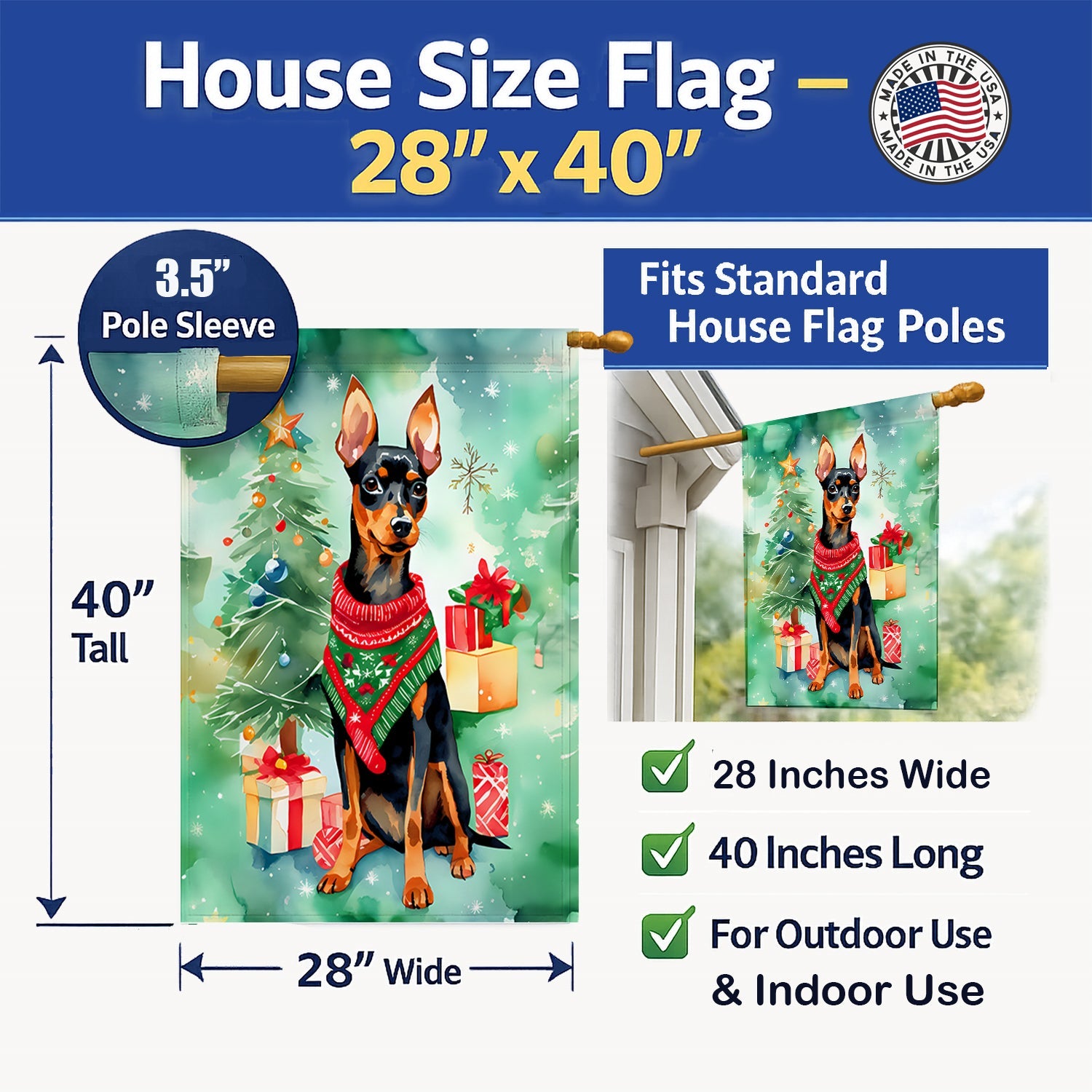 Miniature Pinscher Christmas House Flag 28x40 Porch Sleeve Pole Decorative Outside Yard Banner Artwork Wall Hanging, Polyester