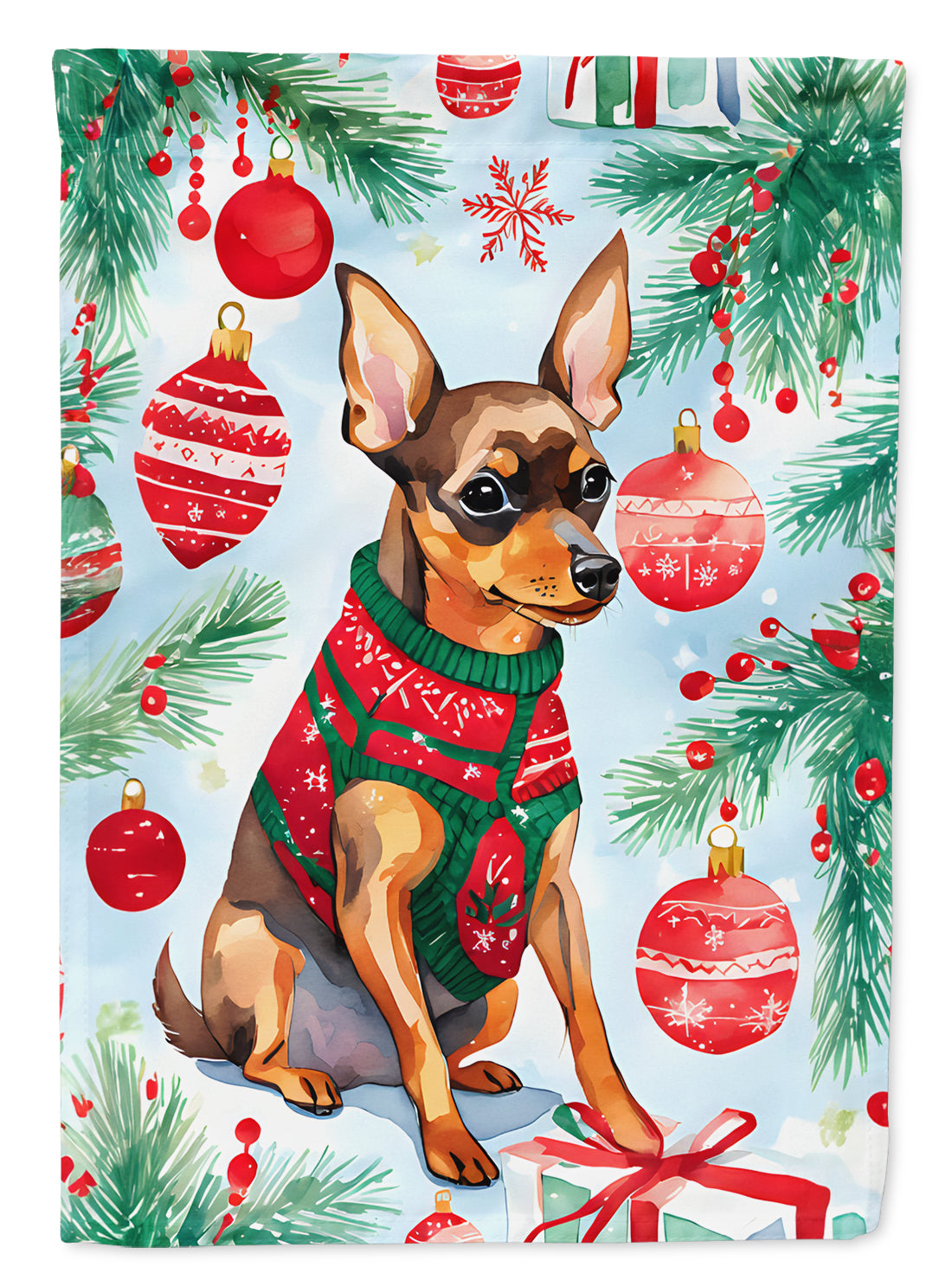 Miniature Pinscher Christmas House Flag 28x40 Porch Sleeve Pole Decorative Outside Yard Banner Artwork Wall Hanging, Polyester