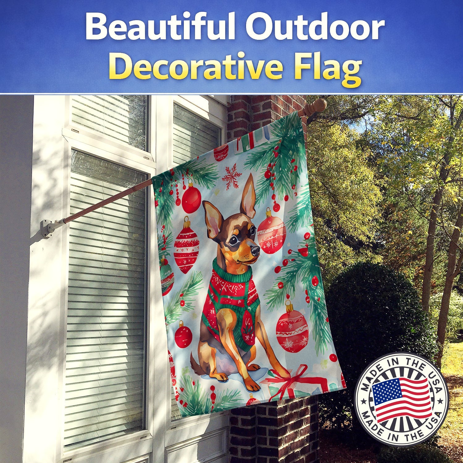 Miniature Pinscher Christmas House Flag 28x40 Porch Sleeve Pole Decorative Outside Yard Banner Artwork Wall Hanging, Polyester