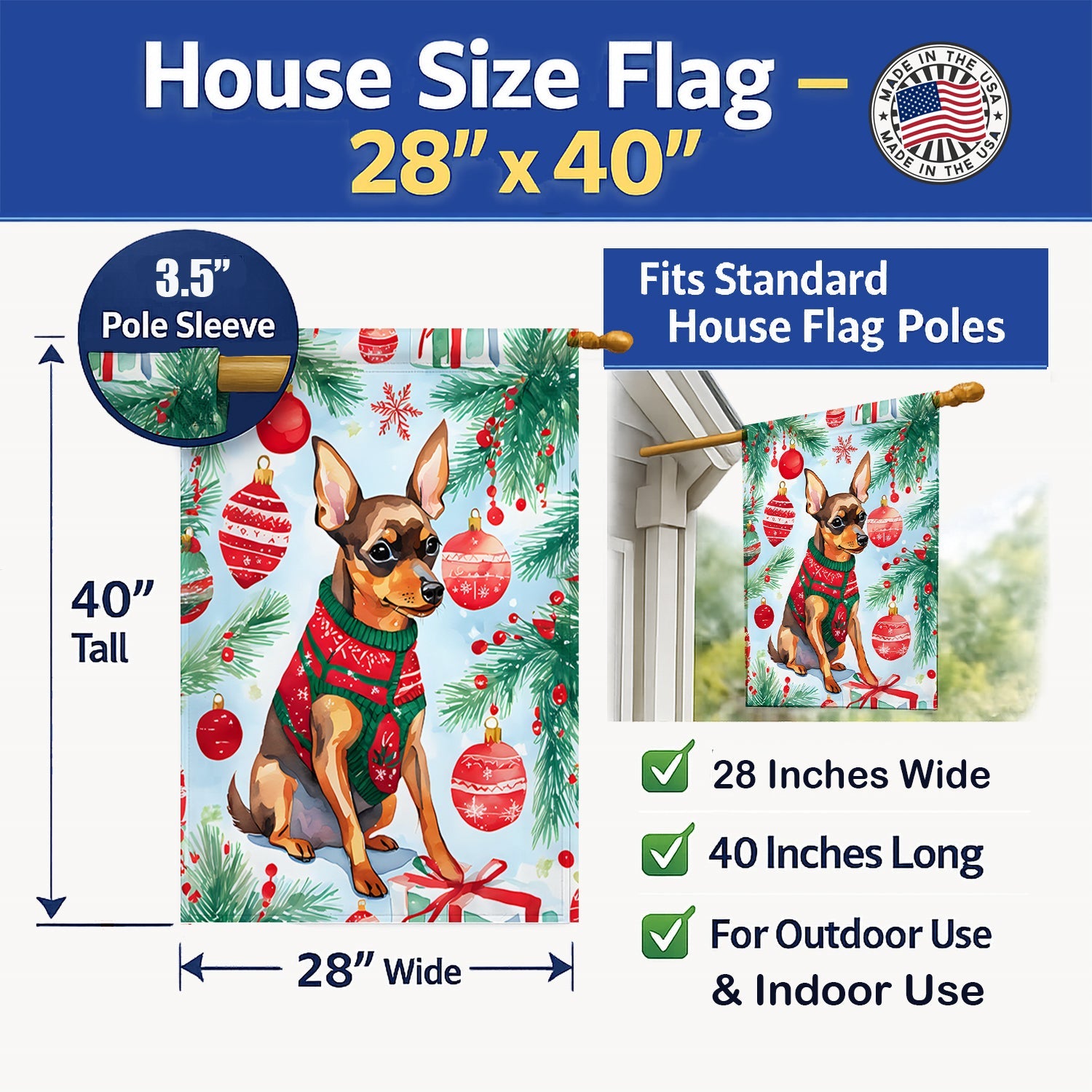Miniature Pinscher Christmas House Flag 28x40 Porch Sleeve Pole Decorative Outside Yard Banner Artwork Wall Hanging, Polyester