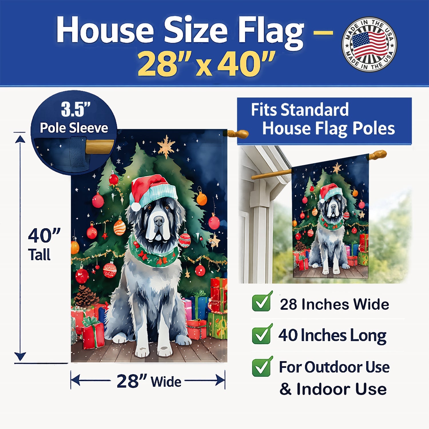 Newfoundland Christmas House Flag 28x40 Porch Sleeve Pole Decorative Outside Yard Banner Artwork Wall Hanging, Polyester