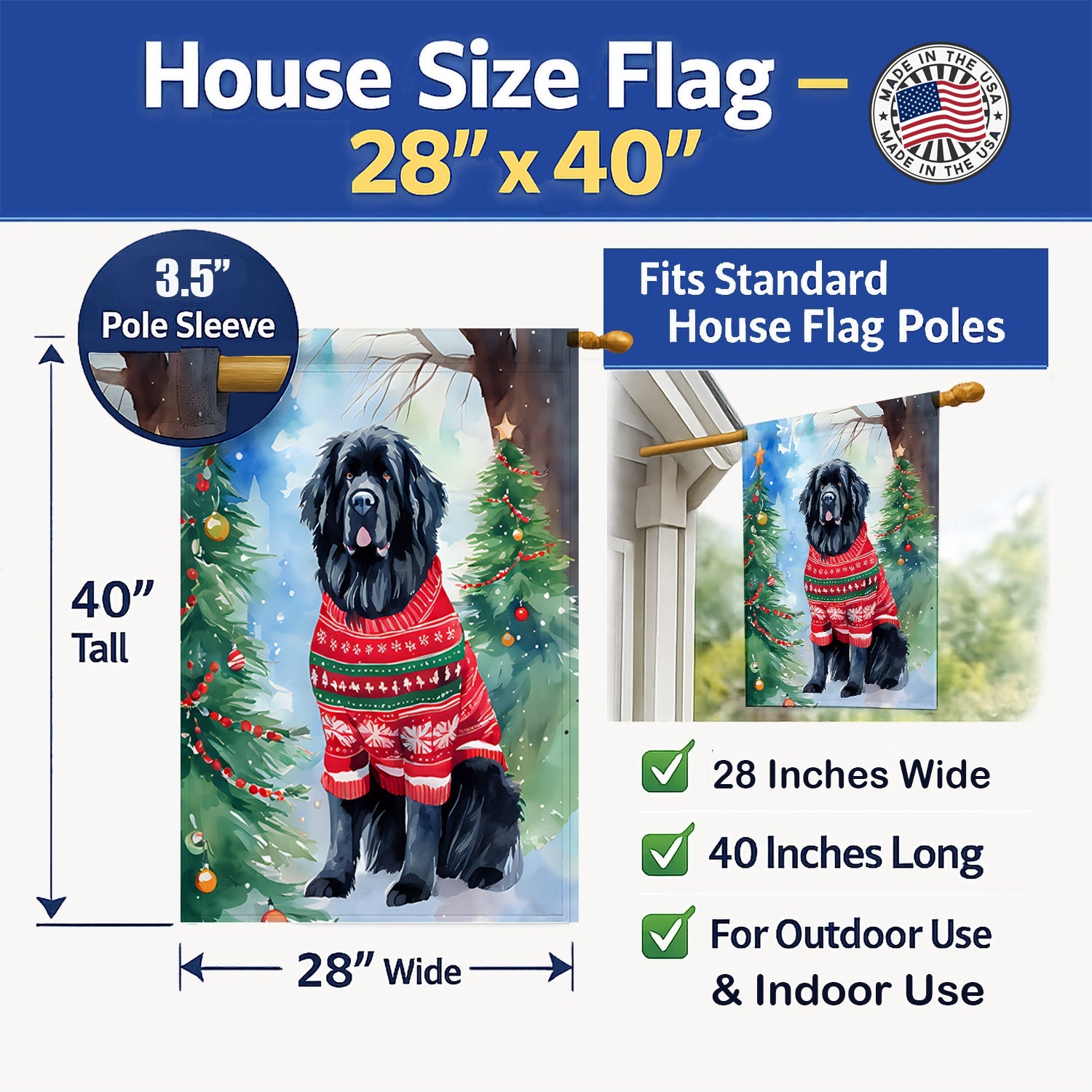 Newfoundland Christmas House Flag 28x40 Porch Sleeve Pole Decorative Outside Yard Banner Artwork Wall Hanging, Polyester
