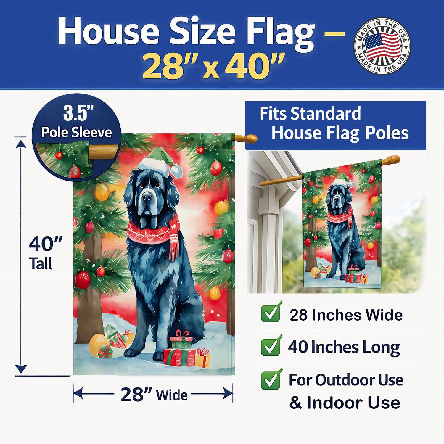 Newfoundland Christmas House Flag 28x40 Porch Sleeve Pole Decorative Outside Yard Banner Artwork Wall Hanging, Polyester