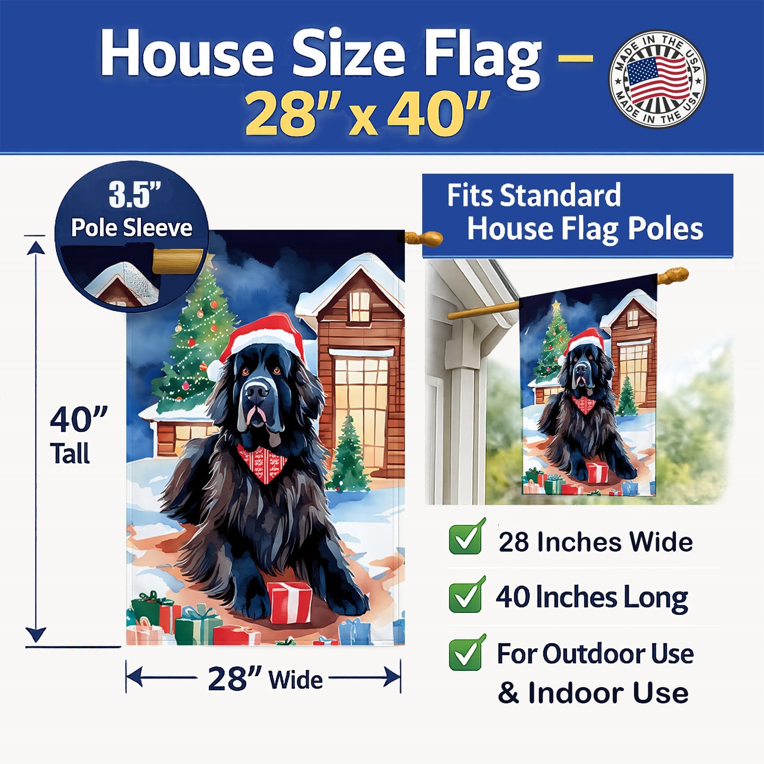 Newfoundland Christmas House Flag 28x40 Porch Sleeve Pole Decorative Outside Yard Banner Artwork Wall Hanging, Polyester